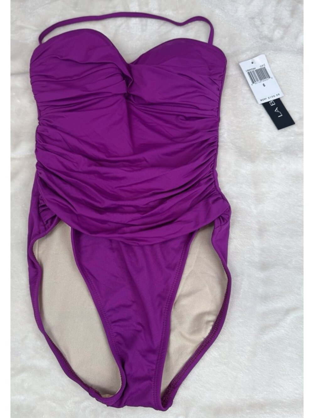 NWT LA BLANCA Women’s Size 6 Halter One Piece Swimsuit Purple Ruched $109.00